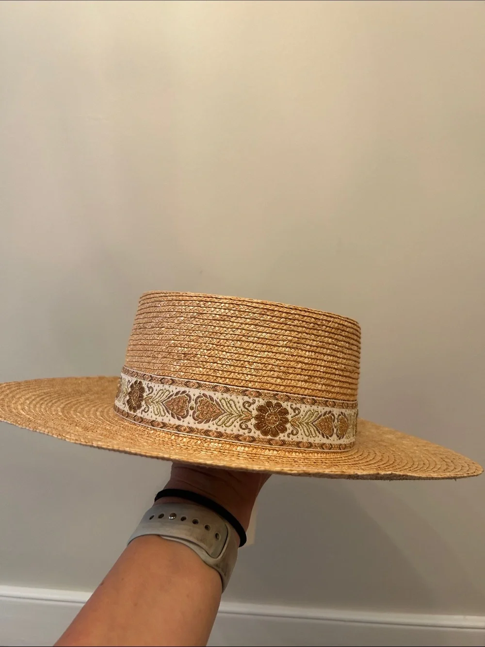 Lack Of Color Natural Straw Boater Hat with Embroidered Floral Band